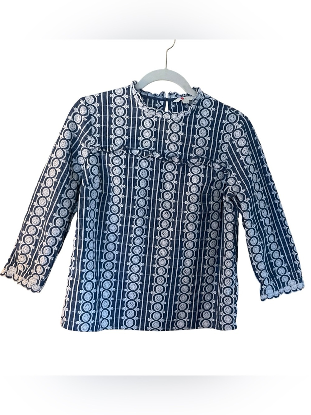 Boden Blue White Embroidered Cotton Ruffle Neck Blouse Top 3/4 Sleeve